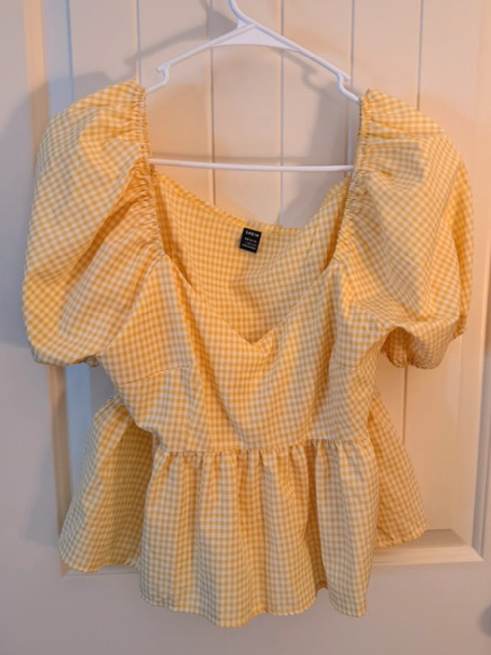 SHEIN Yellow Gingham Puff-Sleeve Peplum Blouse